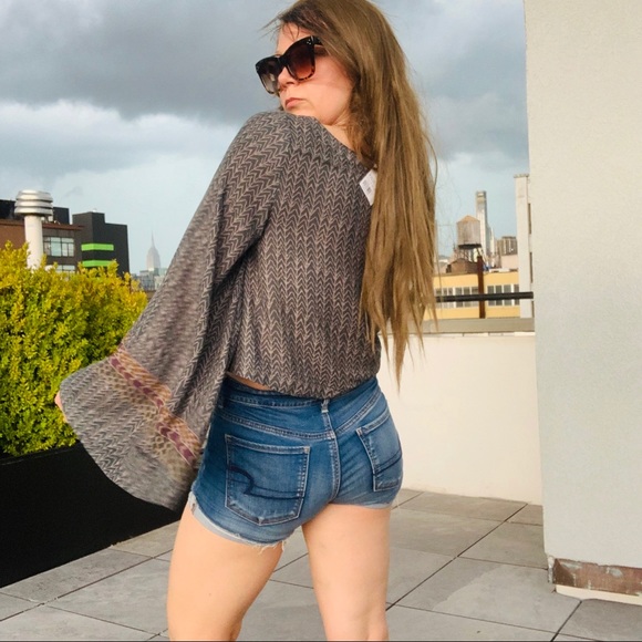 Free People Geometric Abstract Chevron Boatneck Statement Flare Bell Sleeve Top - Picture 11 of 16